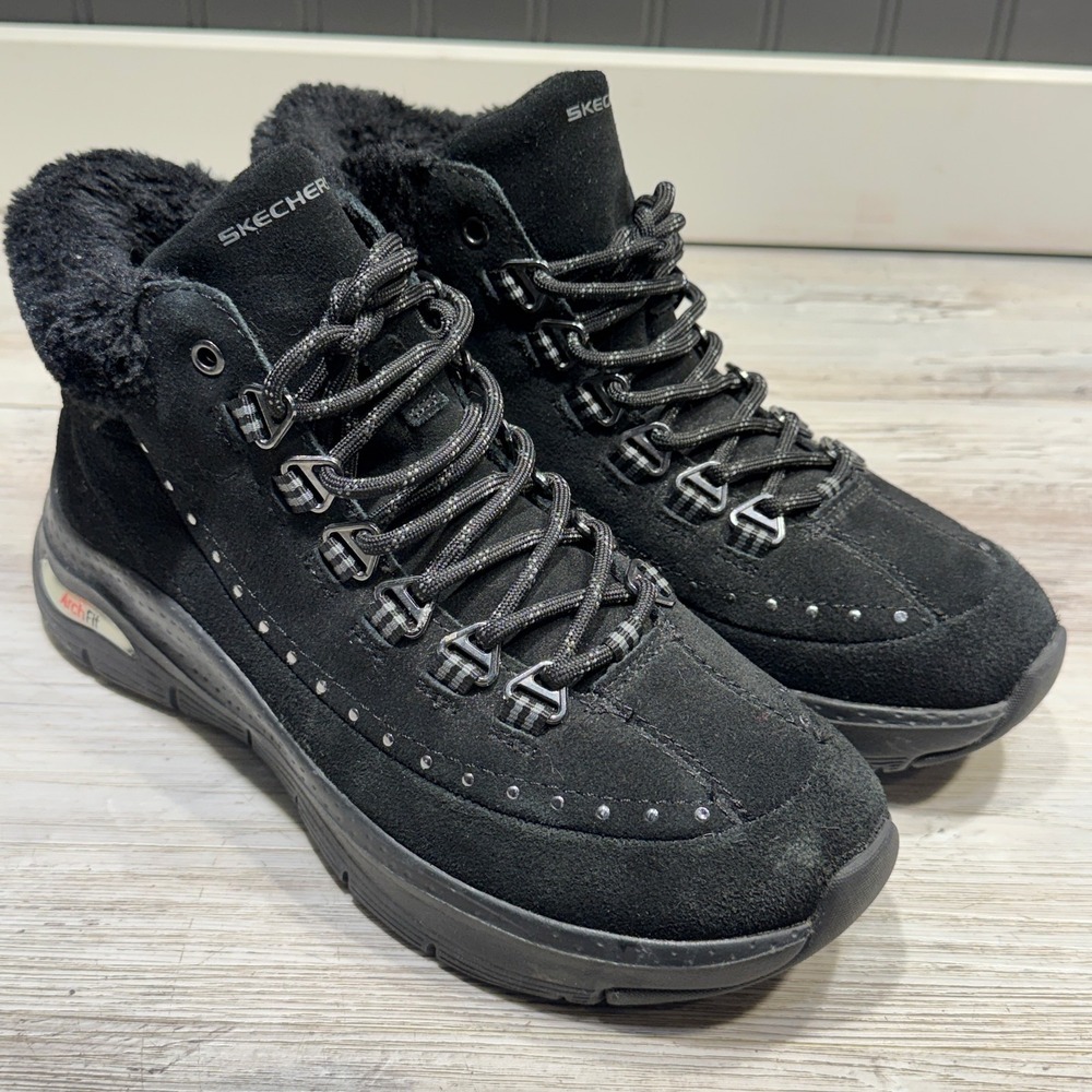 Skechers Goodnight Women's Sz 8 Arch Fit Black Winterized Sneakers 167325 BBK‎